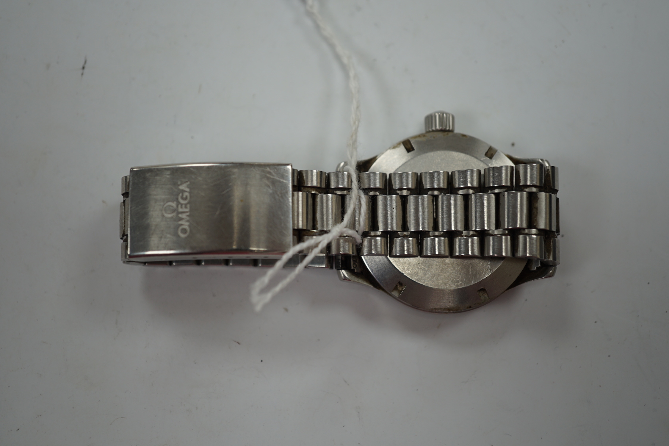A gentleman's stainless steel Omega Dynamic automatic wrist watch, with black dial and date aperture, on a stainless steel bracelet, no box or papers, case diameter 37mm.